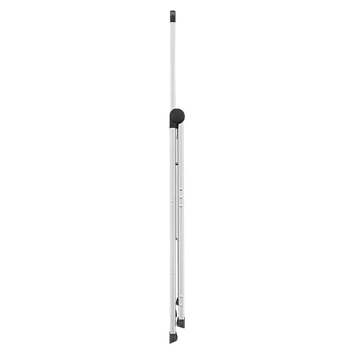 Hailo Doppel-Stehleiter DK40 2-stufig - Anzahl Tritte: 4 Stk., Arbeitshöhe: 240 cm, Belastbarkeit: 150 kg, Aluminium - Höhenverstellbarer Stehtisch mit einer schlanken, vertikalen Säule und einer runden, schwarzen Tischplatte, ideal für moderne Büros.