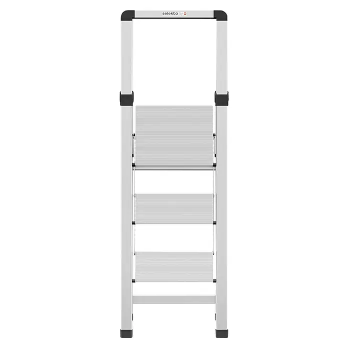 Hailo Doppel-Stehleiter DK40 3-stufig - Anzahl Tritte: 6 Stk., Arbeitshöhe: 260 cm, Belastbarkeit: 150 kg, Aluminium - Produktabbildung einer silbernen Trittleiter von selekta by mit vier Stufen und schwarzem Abschluss, ideal für den Haushalt.