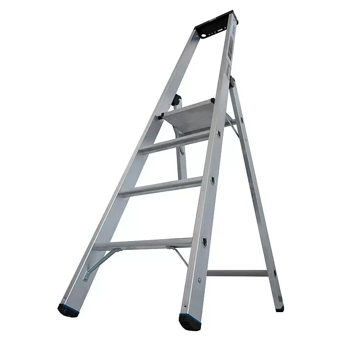 Krause Stabilo Stehleiter 4 Stufen - Anzahl Tritte: 4 Stk., Arbeitshöhe: 2,95 m, Belastbarkeit: 225 kg, Aluminium - Aluminium-Stehleiter mit schwarzer Oberseite und blauen Akzenten an den Füßen, mit mehreren Stufen.