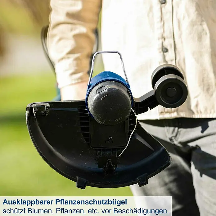 Scheppach IXES 20V Akku-Rasentrimmer C-LT300-X - 20 V, Li-Ionen, Ohne Akku, Schnittbreite Faden: 300 cm - Nahaufnahme eines Rasentrimmers mit Pflanzenschutzbügel, der Blumen und Pflanzen vor Beschädigungen schützt.