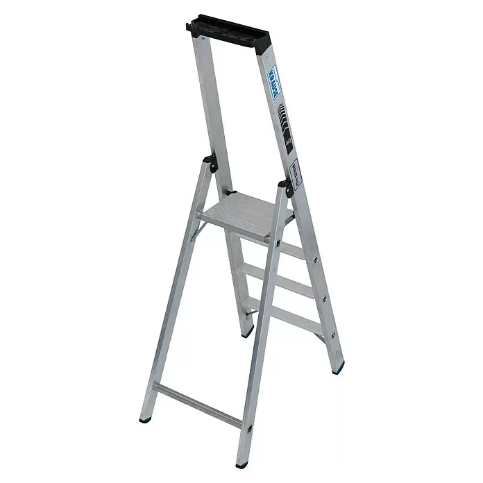 Krause Stabilo Stehleiter 4 Stufen - Anzahl Tritte: 4 Stk., Arbeitshöhe: 2,95 m, Belastbarkeit: 225 kg, Aluminium - Silberne Aluminium-Stehleiter mit schwarzer Ablageschale und Plattform, geeignet für den professionellen Einsatz (225kg Tragkraft).