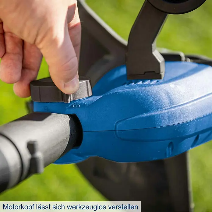 Scheppach IXES 20V Akku-Rasentrimmer C-LT300-X - 20 V, Li-Ionen, Ohne Akku, Schnittbreite Faden: 300 cm - Nahaufnahme eines blauen Rasentrimmers mit einer Hand, die einen Knopf einstellt.