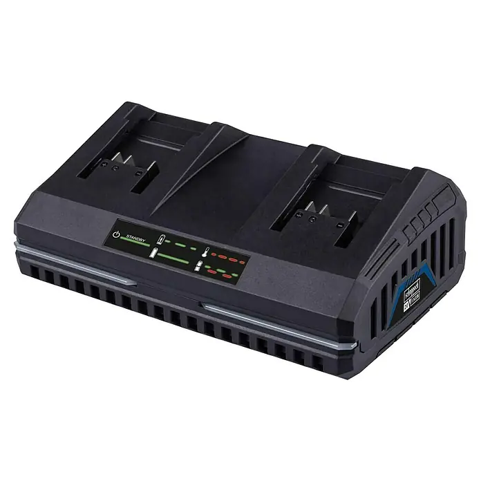Scheppach IXES 20V Dual-Ladegerät SDBC4.5A - 20 V, Passend für: Scheppach IXES 20V Akkus - Das Bild zeigt ein Akku-Ladegerät von Scheppach. Das Ladegerät verfügt über zwei Ladeschächte und eine LED-Anzeige für den Ladestand.
