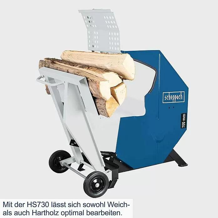 Scheppach Wippkreissäge HS730 - 4.500 W, Durchmesser Sägeblatt: 700 mm - Blaue und graue Scheppach HS730 Wippsäge mit Rädern, beladen mit Holzscheiten.