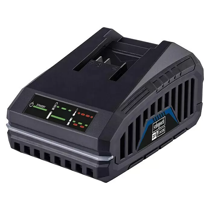 Scheppach IXES 20V Schnellladegerät SBC4.5A - Passend für: Scheppach IXES 20V Akkus - Dunkelgraues Dual-Port-Akkuladegerät mit Statusanzeigen für Standby und Ladevorgang. Mit 'scheppach 20 V ixes' Logo.