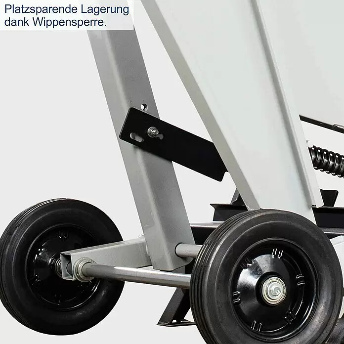 Scheppach Wippkreissäge HS730 - 4.500 W, Durchmesser Sägeblatt: 700 mm - Nahaufnahme des grauen Rahmens einer Maschine mit schwarzen Rädern und einer schwarzen Wippensperre für platzsparende Lagerung.