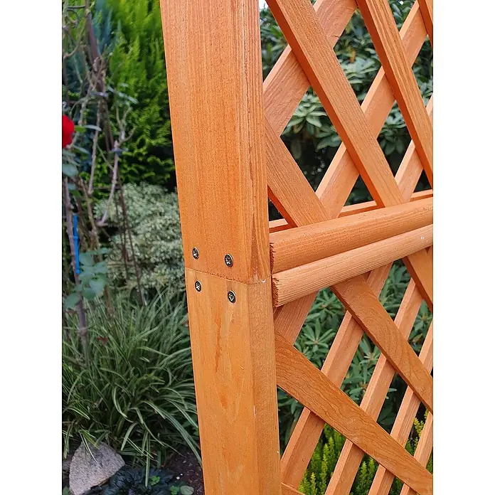 Promadino Rosenbogen - 167 x 53 x 219 cm, Honig, Holz - Nahaufnahme einer hölzernen Gartenpergola mit Gittermuster und Schraubenverbindungen. Die Pergola ist orangefarben lasiert.