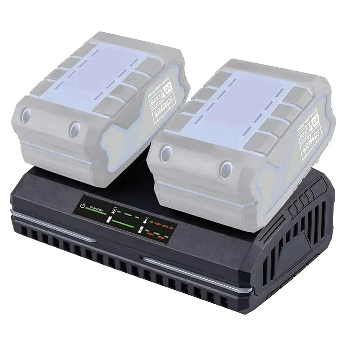 Scheppach IXES 20V Dual-Ladegerät SDBC4.5A - 20 V, Passend für: Scheppach IXES 20V Akkus - Akkuladegerät mit zwei Scheppach 20 V Akkus, die zum Aufladen bereit sind. Das Ladegerät ist schwarz und die Akkus sind grau mit blauem Akzent.