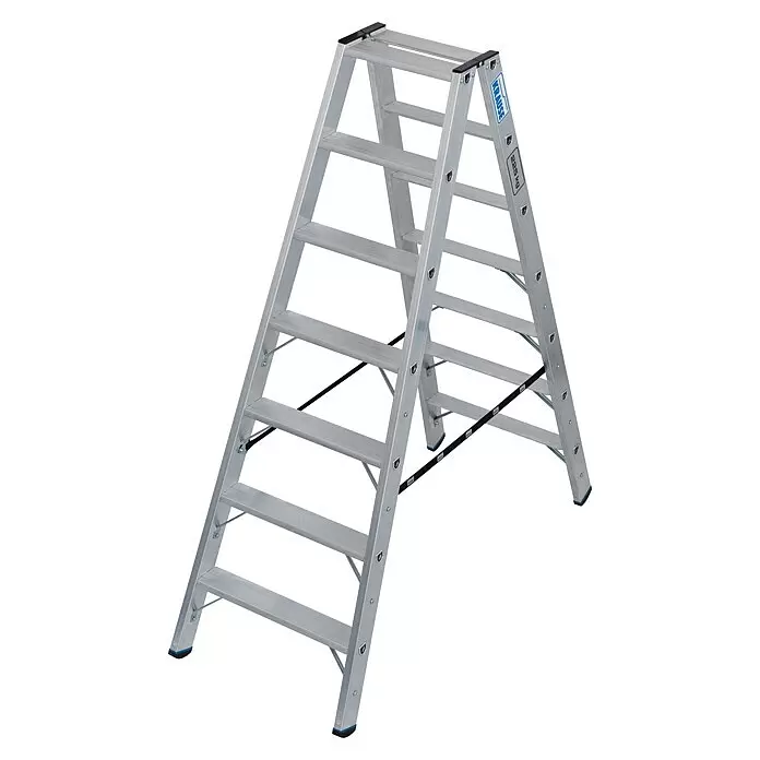 Krause Stabilo Doppel-Stehleiter 2 x 7 Stufen - Anzahl Tritte: 14 Stk., Arbeitshöhe: 3,2 m, Belastbarkeit: 225 kg, Aluminium - Silberne Aluminium-Doppelstufenleiter mit schwarzen und blauen Akzenten für sicheres Arbeiten in der Höhe.