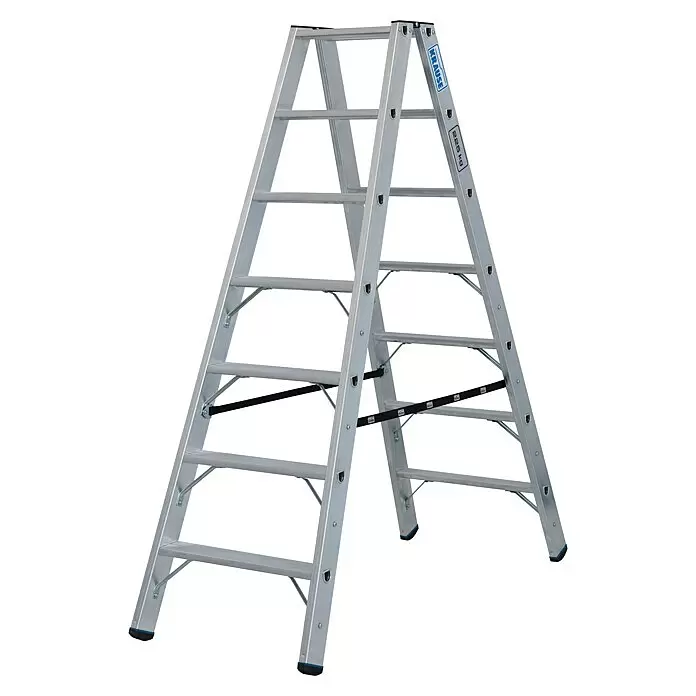 Krause Stabilo Doppel-Stehleiter 2 x 7 Stufen - Anzahl Tritte: 14 Stk., Arbeitshöhe: 3,2 m, Belastbarkeit: 225 kg, Aluminium - Silberne Aluminium-Klappleiter mit schwarzen Stabilitätsgurten und blauen Füßen.