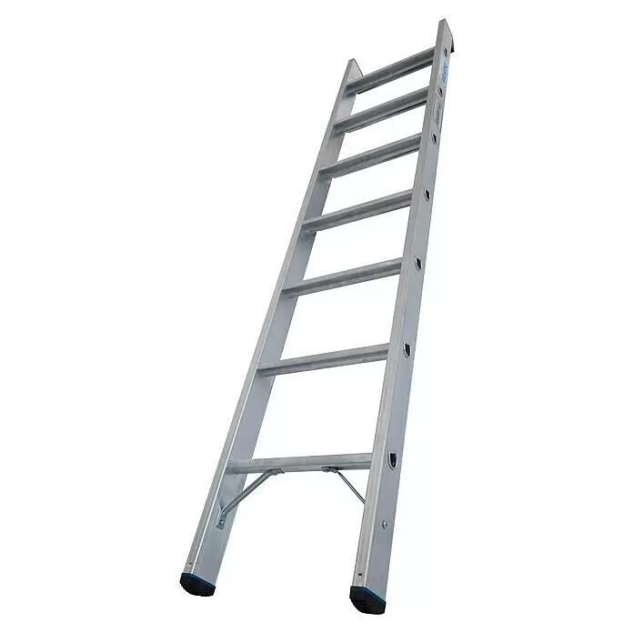 Krause Stabilo Anlegeleiter 7 Stufen - Anzahl Tritte: 7 Stk., Arbeitshöhe: 2,9 m, Belastbarkeit: 225 kg, Aluminium - Silberne Aluminium-Anlegeleiter mit mehreren Sprossen und dunklen rutschfesten Füßen.