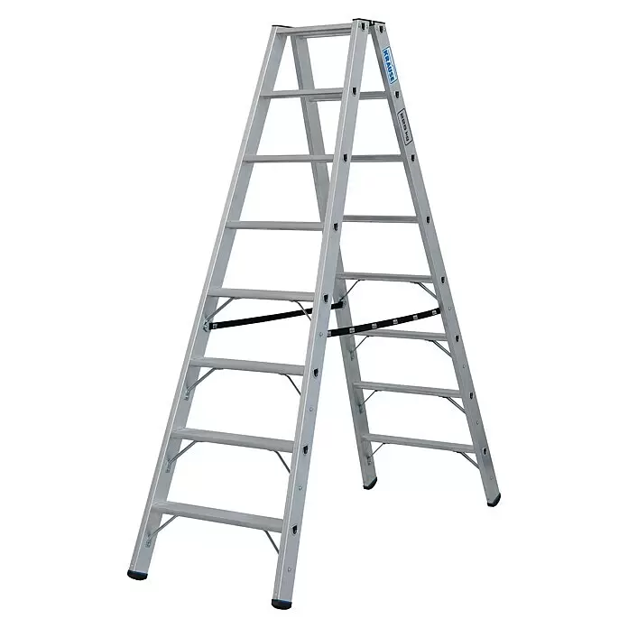 Krause Stabilo Doppel-Stehleiter 2 x 8 Stufen - Anzahl Tritte: 16 Stk., Arbeitshöhe: 3,4 m, Belastbarkeit: 225 kg, Aluminium - Silberne Aluminium-Stehleiter mit mehreren Stufen und schwarzen Sicherheitsgurten.