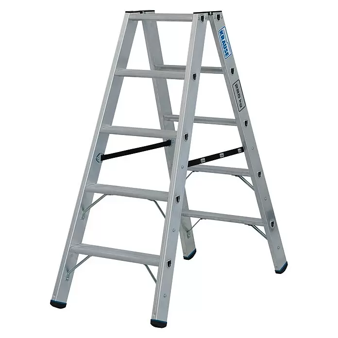 Krause Stabilo Doppel-Stehleiter 2 x 5 Stufen - Anzahl Tritte: 10 Stk., Arbeitshöhe: 2,7 m, Belastbarkeit: 225 kg, Aluminium - Silberne Aluminium-Klappleiter mit schwarzen Sicherheitsgurten, blauen Füßen und KRAUSE-Logo, belastbar bis 225 kg.