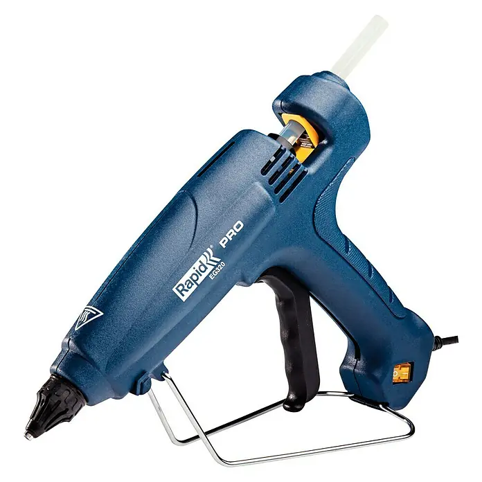 Rapid Pistola termoencoladora EG 320 PRO - Diámetro cartucho de cola: 12 mm, 195 °C, 180 W - Aquí tienes una pistola de pegamento caliente azul Rapid PRO EG320 con barra de pegamento y soporte metálico. Ideal para manualidades y reparaciones en casa.
