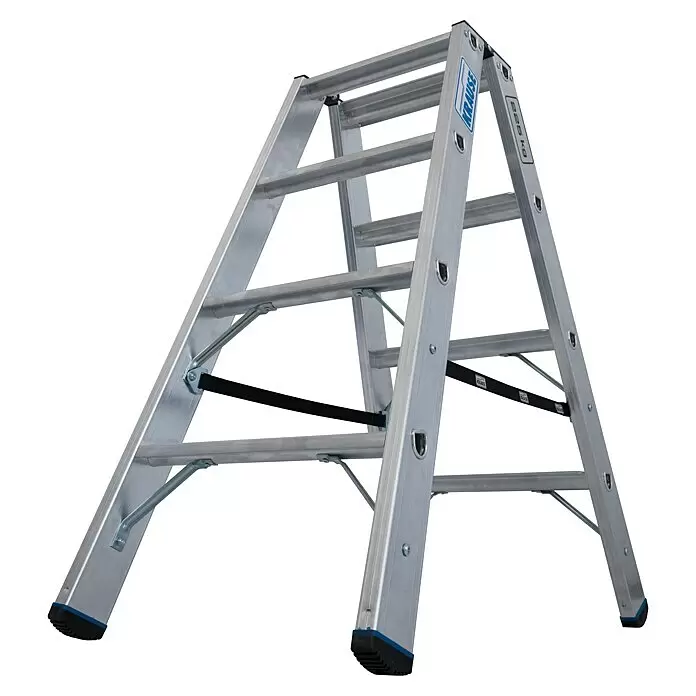 Krause Stabilo Doppel-Stehleiter 2 x 4 Stufen - Anzahl Tritte: 8 Stk., Arbeitshöhe: 2,5 m, Belastbarkeit: 225 kg, Aluminium - Silberne Aluminium-Stehleiter mit schwarzen rutschfesten Füßen und Sicherungsband, für hohe Belastungen (225 kg).