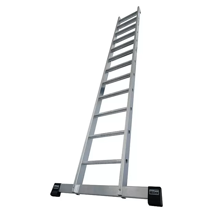 Krause Stabilo Anlegeleiter 12 Stufen - Anzahl Tritte: 12 Stk., Arbeitshöhe: 4,1 m, Belastbarkeit: 225 kg, Aluminium - Silberne Aluminiumleiter mit mehreren Sprossen und einer breiten Stabilisatorstange an der Basis, mit 'KRAUSE'-Markenendkappen für Stabilität.