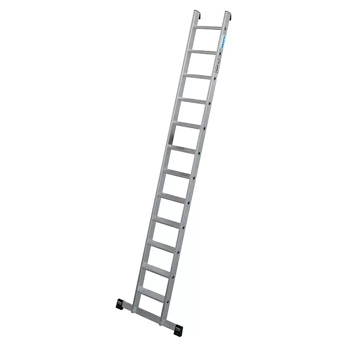 Krause Stabilo Anlegeleiter 12 Stufen - Anzahl Tritte: 12 Stk., Arbeitshöhe: 4,1 m, Belastbarkeit: 225 kg, Aluminium - Silberne Aluminium-Anlegeleiter mit schwarzen rutschfesten Füßen und Krause-Markenetikett.
