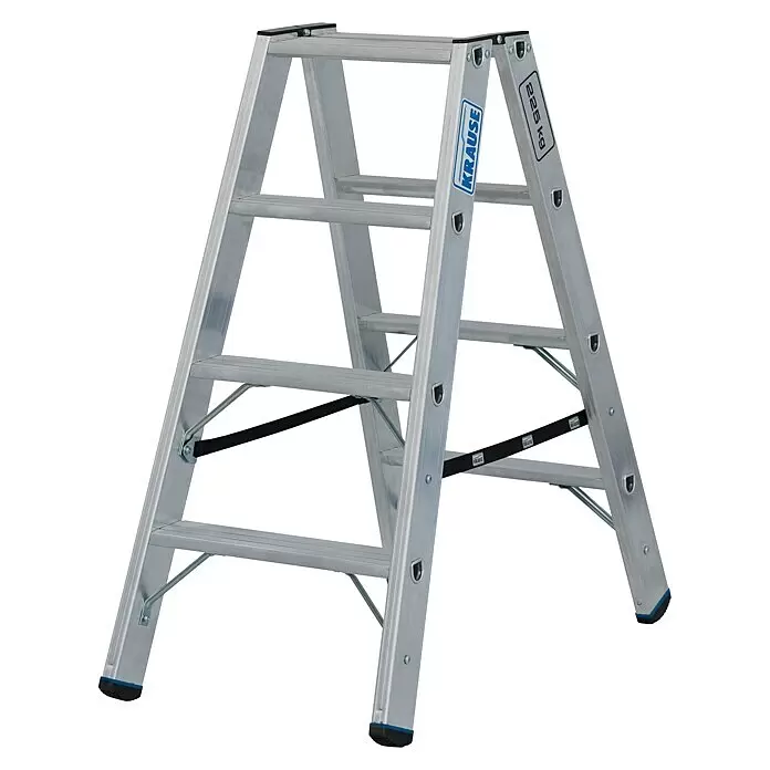 Krause Stabilo Doppel-Stehleiter 2 x 4 Stufen - Anzahl Tritte: 8 Stk., Arbeitshöhe: 2,5 m, Belastbarkeit: 225 kg, Aluminium - Robuste silberne Aluminium-Stehleiter mit schwarzen Akzenten und breiten Stufen. Maximale Belastung 225 kg.
