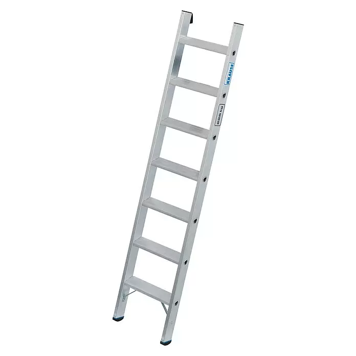 Krause Stabilo Anlegeleiter 7 Stufen - Anzahl Tritte: 7 Stk., Arbeitshöhe: 2,9 m, Belastbarkeit: 225 kg, Aluminium - Silberne Aluminiumleiter mit schwarzen/blauen Füßen, KRAUSE-Branding und 225 kg Tragfähigkeit.