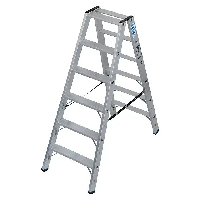 Krause Stabilo Doppel-Stehleiter 2 x 6 Stufen - Anzahl Tritte: 12 Stk., Arbeitshöhe: 2,95 m, Belastbarkeit: 225 kg, Aluminium - Silberne Aluminium-Klappleiter mit mehreren Stufen und schwarzen Antirutschfüßen. Mit KRAUSE-Branding und 225 kg Tragfähigkeit.