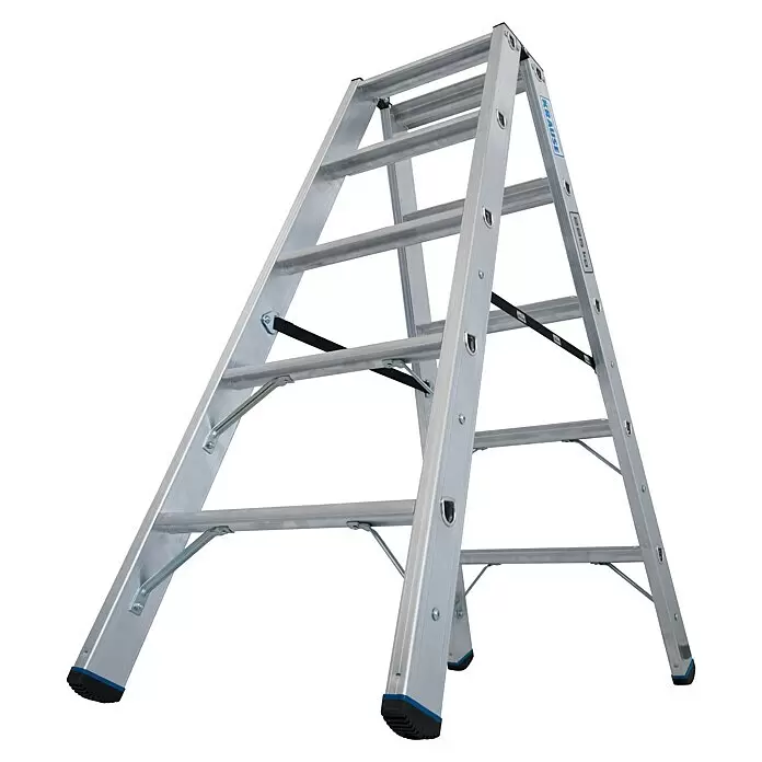 Krause Stabilo Doppel-Stehleiter 2 x 5 Stufen - Anzahl Tritte: 10 Stk., Arbeitshöhe: 2,7 m, Belastbarkeit: 225 kg, Aluminium - Silberne Aluminium-Klappleiter mit mehreren Sprossen und Stabilisierungsstützen.