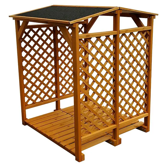 Promadino Kaminholzregal - 120 x 118 x 148 cm, Holz, Braun - Ein aus Holz gefertigter, doppelter Kaminholzunterstand mit Lattenmuster an den Seiten und einem schwarzen Dach zum Schutz vor Witterungseinflüssen.