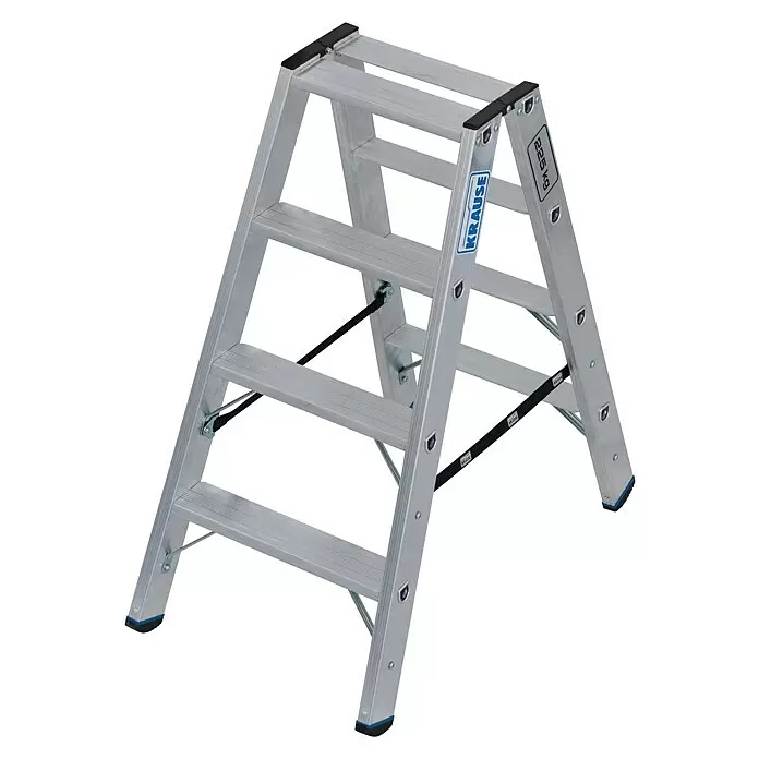 Krause Stabilo Doppel-Stehleiter 2 x 4 Stufen - Anzahl Tritte: 8 Stk., Arbeitshöhe: 2,5 m, Belastbarkeit: 225 kg, Aluminium - Silberfarbene Aluminium-Stehleiter (KRAUSE, 225 kg) mit mehreren Stufen.