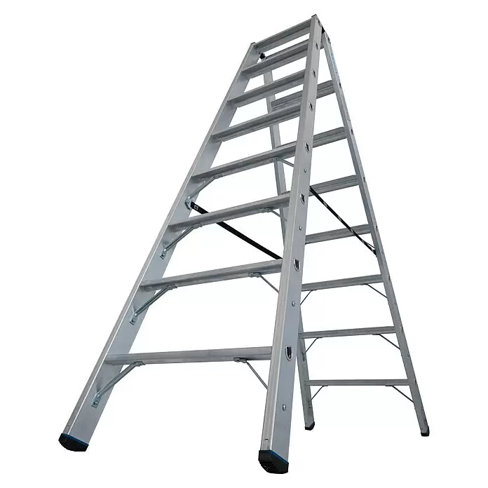 Krause Stabilo Doppel-Stehleiter 2 x 8 Stufen - Anzahl Tritte: 16 Stk., Arbeitshöhe: 3,4 m, Belastbarkeit: 225 kg, Aluminium - Silberne Aluminium-Klappleiter mit schwarzen Sicherheitsgurten und blau ummantelten Füßen.