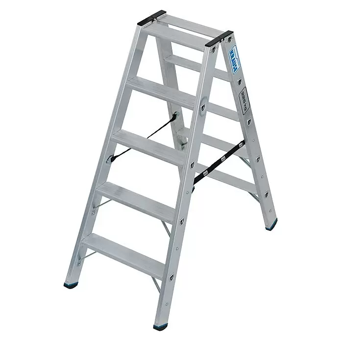 Krause Stabilo Doppel-Stehleiter 2 x 5 Stufen - Anzahl Tritte: 10 Stk., Arbeitshöhe: 2,7 m, Belastbarkeit: 225 kg, Aluminium - Silberne Aluminium-Klapp-Stehleiter mit mehreren breiten Stufen, schwarzen Antirutschfüßen und Sicherheitsgurten.