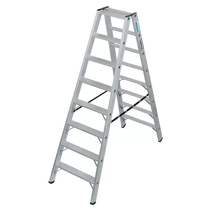 Krause Stabilo Doppel-Stehleiter 2 x 8 Stufen - Anzahl Tritte: 16 Stk., Arbeitshöhe: 3,4 m, Belastbarkeit: 225 kg, Aluminium - Silberne Aluminium-Klappleiter mit schwarzen Anti-Rutsch-Füßen und Stabilisierungsbändern.