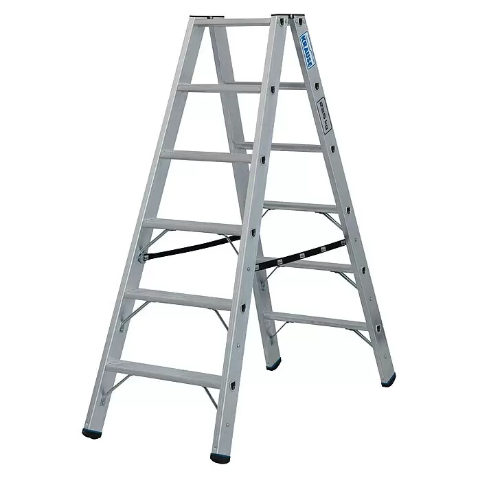Krause Stabilo Doppel-Stehleiter 2 x 6 Stufen - Anzahl Tritte: 12 Stk., Arbeitshöhe: 2,95 m, Belastbarkeit: 225 kg, Aluminium - Silberne Aluminium-Klappleiter von Krause mit schwarzen Sicherheitsgurten, bis 225 kg belastbar.