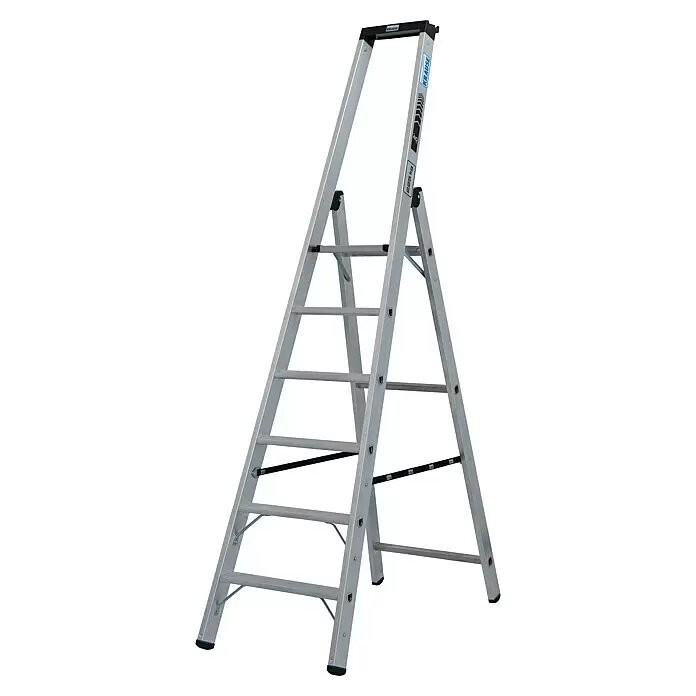 Krause Stabilo Stehleiter 6 Stufen - Anzahl Tritte: 6 Stk., Arbeitshöhe: 2,45 m, Belastbarkeit: 225 kg, Aluminium - Silberne Aluminium-Klappleiter mit schwarzem Griff, KRAUSE-Branding und Stabilisierungsband.