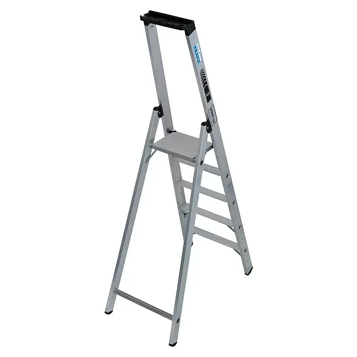 Krause Stabilo Stehleiter 5 Stufen - Anzahl Tritte: 5 Stk., Arbeitshöhe: 3,2 m, Belastbarkeit: 225 kg, Aluminium - Silberne Aluminium-Klappleiter mit schwarzer Ablage und 225 kg Traglast. Marke KRAUSE sichtbar.
