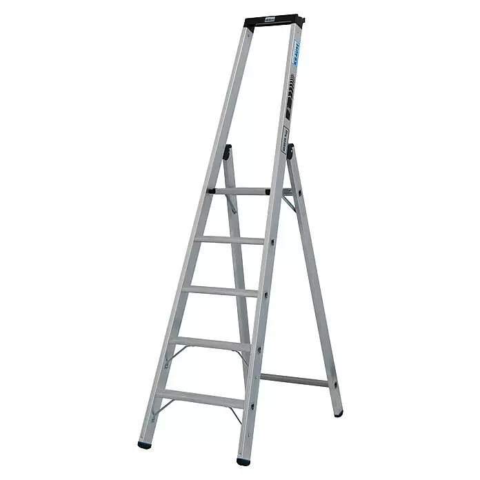Krause Stabilo Stehleiter 5 Stufen - Anzahl Tritte: 5 Stk., Arbeitshöhe: 3,2 m, Belastbarkeit: 225 kg, Aluminium - Silberne Aluminium-Klapptrittleiter mit mehreren rutschfesten Stufen und stabilem Haltegriff.