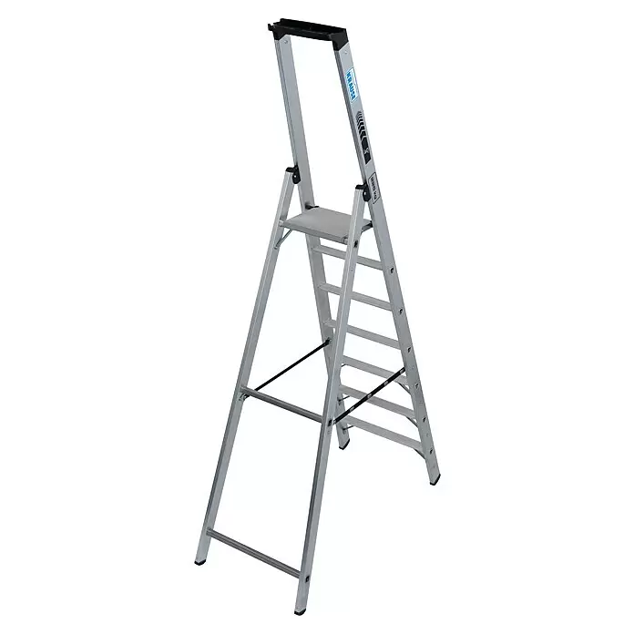 Krause Stabilo Stehleiter 7 Stufen - Anzahl Tritte: 7 Stk., Arbeitshöhe: 3,65 m, Belastbarkeit: 225 kg, Aluminium - Silberne Aluminium-Klappleiter mit schwarzem Ablagefach und Akzenten, für vielseitige Nutzung.