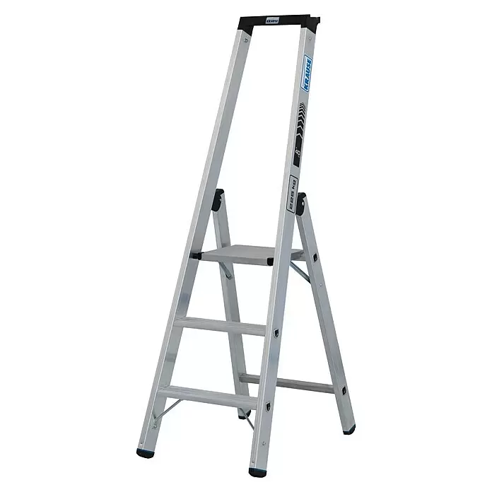 Krause Stabilo Stehleiter 3 Stufen - Anzahl Tritte: 3 Stk., Arbeitshöhe: 2,7 m, Belastbarkeit: 225 kg, Aluminium - Silberne Aluminium-Klapptrittleiter mit Stufen und einer oberen Plattform.