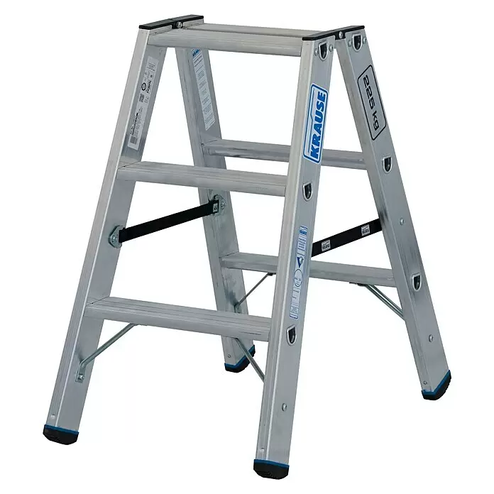 Krause Stabilo Doppel-Stehleiter 2 x 3 Stufen - Anzahl Tritte: 6 Stk., Arbeitshöhe: 2,25 m, Belastbarkeit: 225 kg, Aluminium - Krause silberne Aluminium-Klappleiter mit rutschfesten Füßen und Sicherungsbändern, 225 kg Traglast.