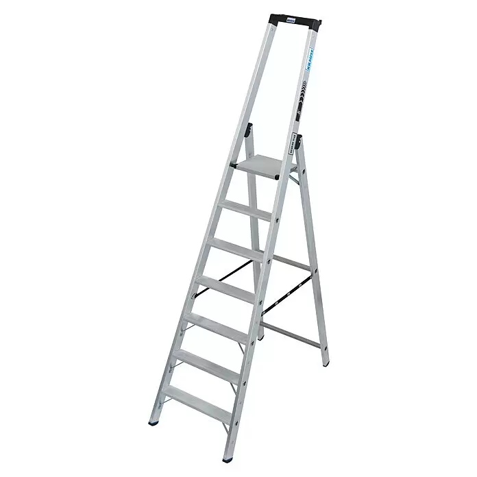 Krause Stabilo Stehleiter 7 Stufen - Anzahl Tritte: 7 Stk., Arbeitshöhe: 3,65 m, Belastbarkeit: 225 kg, Aluminium - KRAUSE silberne Aluminium-Klappleiter mit breiten Stufen, oberer Plattform und 225 kg Traglast.
