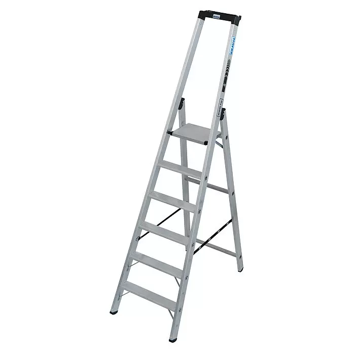 Krause Stabilo Stehleiter 6 Stufen - Anzahl Tritte: 6 Stk., Arbeitshöhe: 2,45 m, Belastbarkeit: 225 kg, Aluminium - Silberne Aluminium-Stehleiter mit schwarzen Akzenten und Plattform.