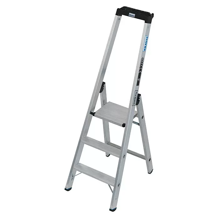 Krause Stabilo Stehleiter 3 Stufen - Anzahl Tritte: 3 Stk., Arbeitshöhe: 2,7 m, Belastbarkeit: 225 kg, Aluminium - Aluminium-Klapptritt mit schwarzem Griff und rutschfesten Füßen, 225 kg Traglast, Marke Krause.