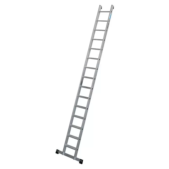 Krause Stabilo Anlegeleiter 15 Stufen - Anzahl Tritte: 15 Stk., Arbeitshöhe: 4,8 m, Belastbarkeit: 225 kg, Aluminium - Silberne Aluminium-Anlegeleiter mit schwarzen Anti-Rutsch-Füßen.