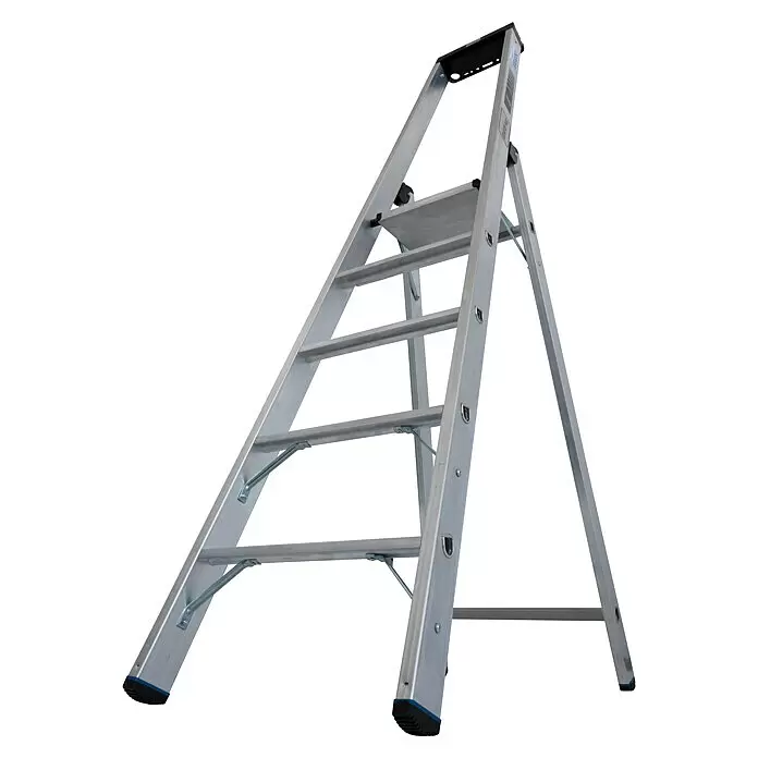 Krause Stabilo Stehleiter 5 Stufen - Anzahl Tritte: 5 Stk., Arbeitshöhe: 3,2 m, Belastbarkeit: 225 kg, Aluminium - Silberne Aluminium-Klappleiter mit schwarzer Ablage und blauen Akzenten an den Füßen, aufgeklappt.