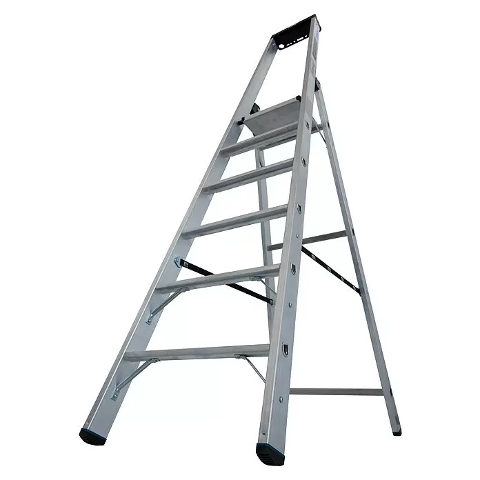 Krause Stabilo Stehleiter 6 Stufen - Anzahl Tritte: 6 Stk., Arbeitshöhe: 2,45 m, Belastbarkeit: 225 kg, Aluminium - Silberne Aluminium-Klappleiter mit schwarzen Füßen und oberer Ablagefläche.