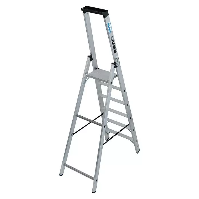 Krause Stabilo Stehleiter 6 Stufen - Anzahl Tritte: 6 Stk., Arbeitshöhe: 2,45 m, Belastbarkeit: 225 kg, Aluminium - Silberne Aluminium-Klappleiter mit schwarzer Kunststoffablage und rutschfesten Füßen.