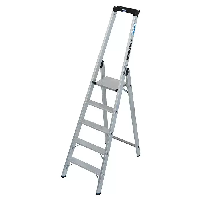 Krause Stabilo Stehleiter 5 Stufen - Anzahl Tritte: 5 Stk., Arbeitshöhe: 3,2 m, Belastbarkeit: 225 kg, Aluminium - Silberne Aluminium-Stehleiter mit mehreren Stufen und einer Plattform.