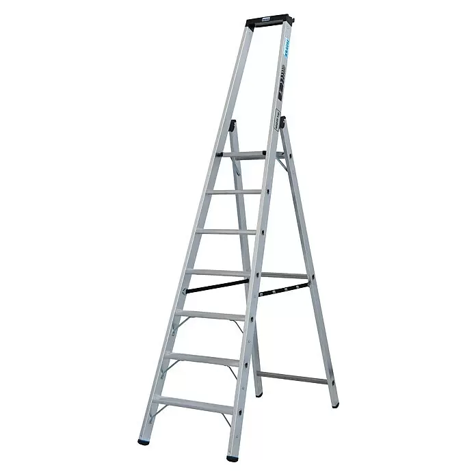 Krause Stabilo Stehleiter 7 Stufen - Anzahl Tritte: 7 Stk., Arbeitshöhe: 3,65 m, Belastbarkeit: 225 kg, Aluminium - Silberne Aluminium-Stehleiter mit schwarzen und blauen Akzenten, mit mehreren Stufen und einem Sicherheitsgurt.
