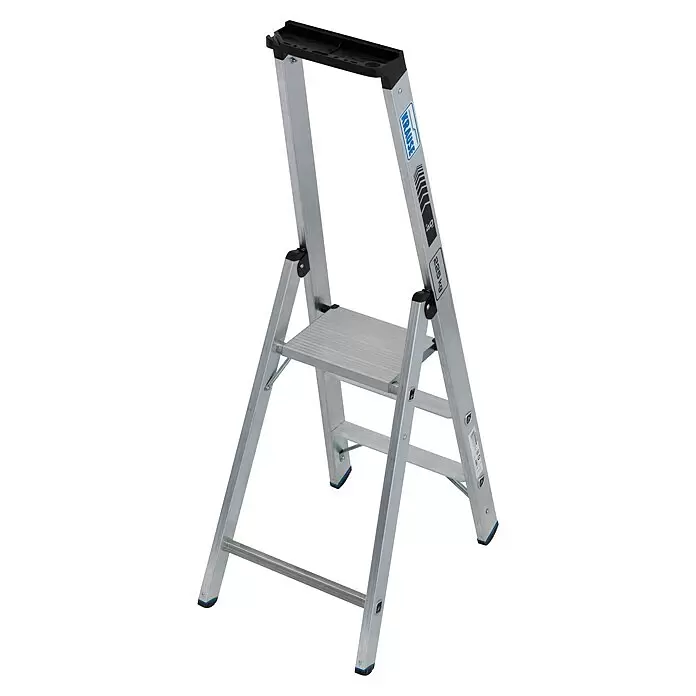 Krause Stabilo Stehleiter 3 Stufen - Anzahl Tritte: 3 Stk., Arbeitshöhe: 2,7 m, Belastbarkeit: 225 kg, Aluminium - Silberne Aluminium-Klappleiter mit schwarzer Kunststoffablage und blauen Akzenten für sicheren erhöhten Zugang.