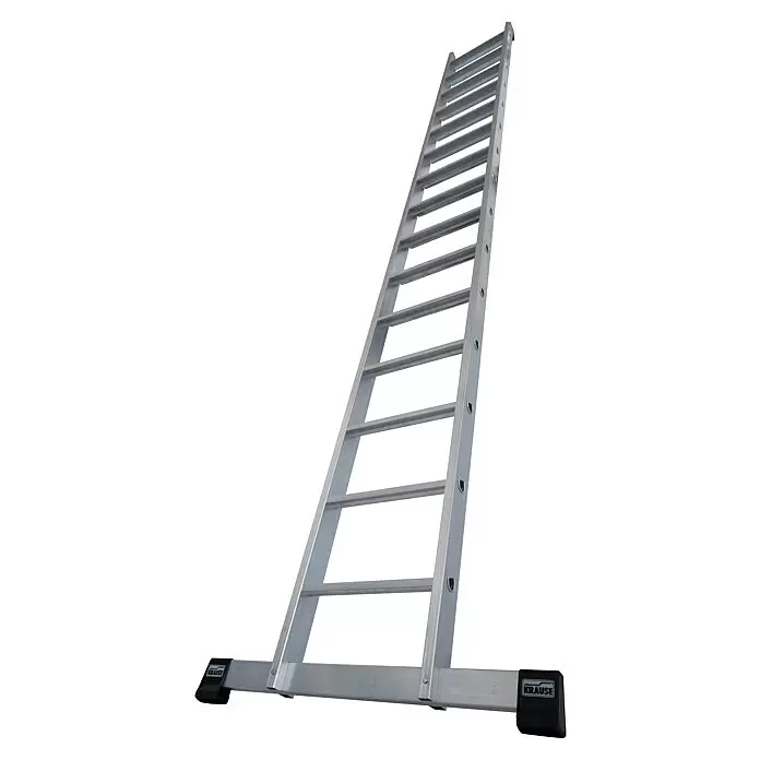 Krause Stabilo Anlegeleiter 15 Stufen - Anzahl Tritte: 15 Stk., Arbeitshöhe: 4,8 m, Belastbarkeit: 225 kg, Aluminium - Silberne Aluminium-Anlegeleiter mit schwarzen KRAUSE-Füßen.