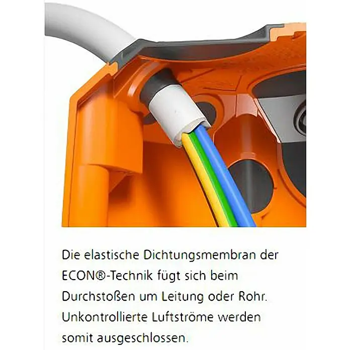 Kaiser Hohlwanddose 9263-22 - 68 x 49 mm, Orange, 1 Stk., Winddicht - Detailaufnahme einer ECON®-Dichtungsmembran, die sich um ein Kabel schmiegt und unkontrollierte Luftströme verhindert.