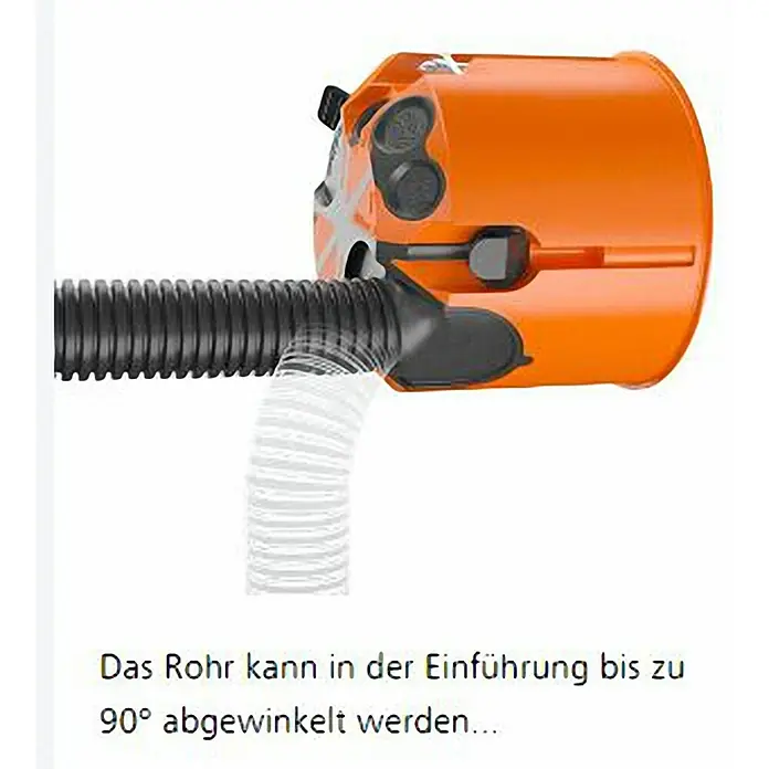 Kaiser Hohlwanddose 9263-22 - 68 x 49 mm, Orange, 1 Stk., Winddicht - Flexibles Installationsrohrsystem mit einem orangefarbenen Gehäuse und einem schwarzen, biegsamen Rohr, das bis zu 90 Grad abgewinkelt werden kann.
